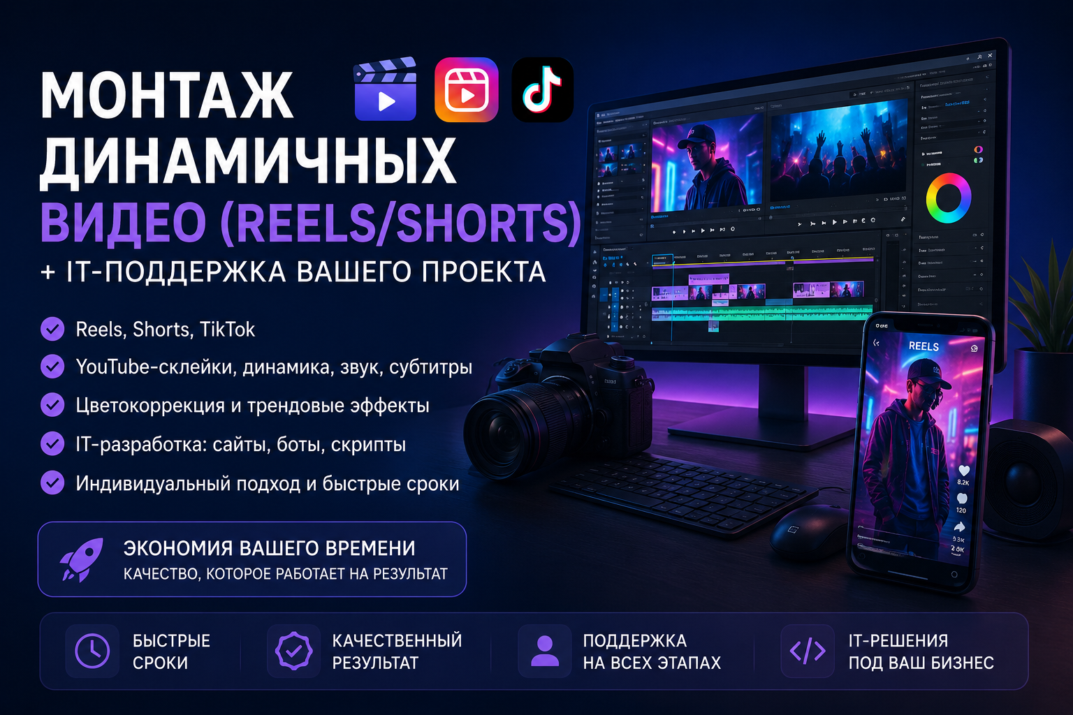 Динамикалық видеоларды (Reels/Shorts) монтаждау + жобаңызға IT қолдау